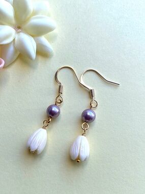 Handmade Pikake Earrings with Amethyst Shell Pearl